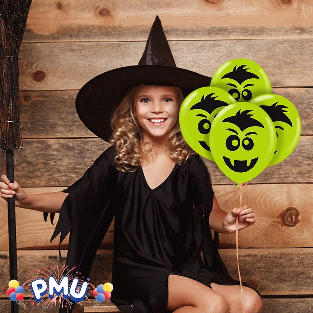 PMU Halloween Laughing Faces Balloons - Small Latex Balloons for Halloween Theme Parties, Trick-or-Treat & Party Favors Supplies - 12 Inch Kooky Vampire Lime Green, (50/Pkg) Pkg/1