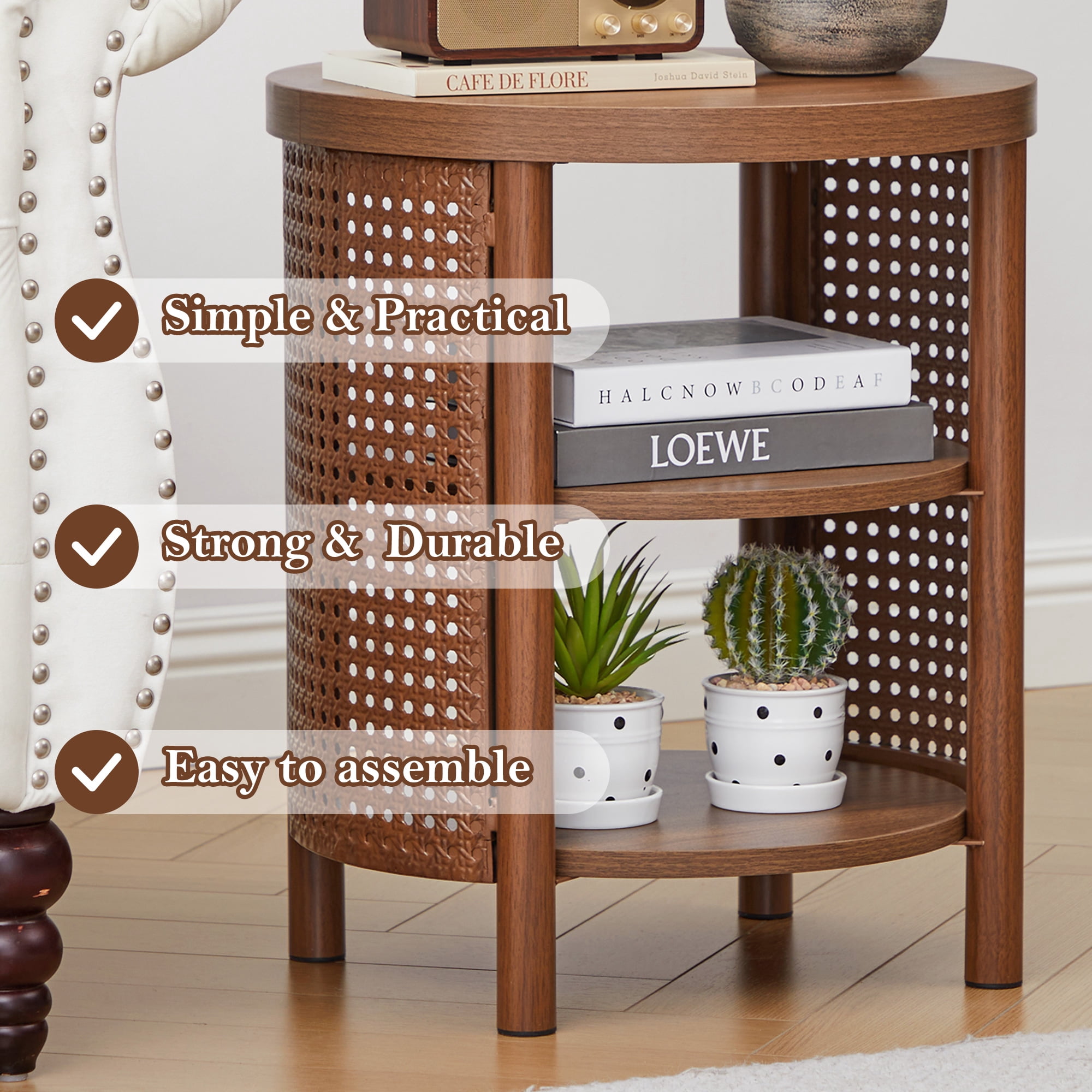 YOCWO Small Round End Table Set of 2 with Open Storage for Small Space, 3 Tier Accent Table Side Table with Iron Rattan Decor, Walnut