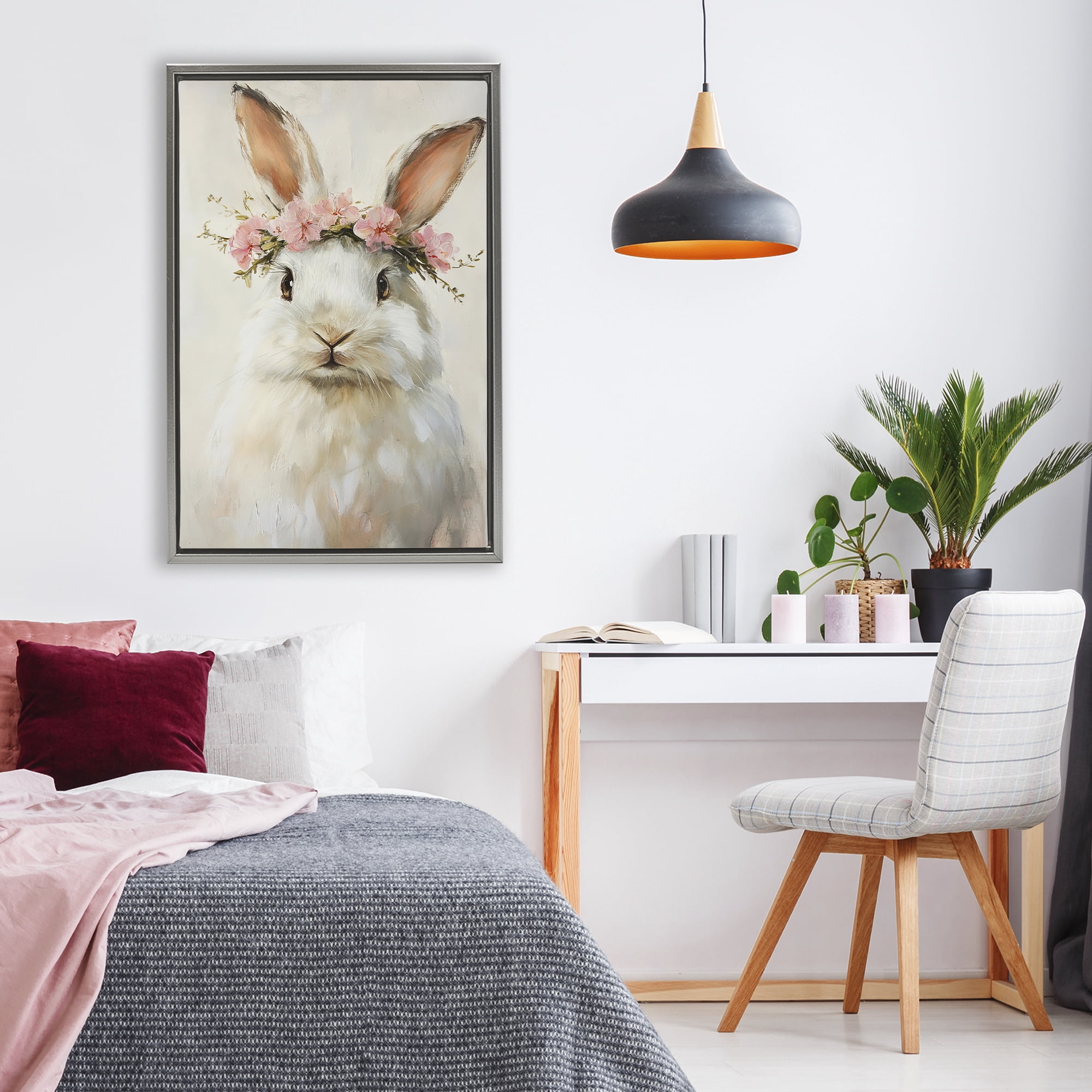 Stupell Industries Bunnykins with Pink Crown Gray Framed Floater Canvas Wall Art, design by Tina LeCour