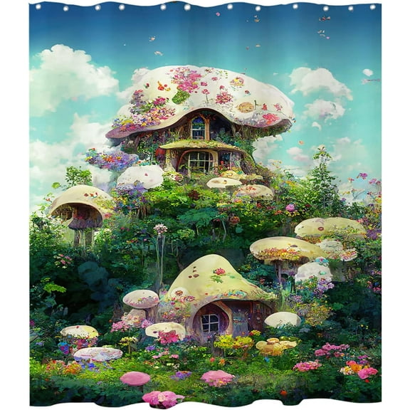 Fairyland Mushroom Shower Curtain Cartoon Kids Natural Cabin Aesthetic for Bathroom Decor Polyester Fabric Waterproof Sets with 12 Hooks 72x72 Inch
