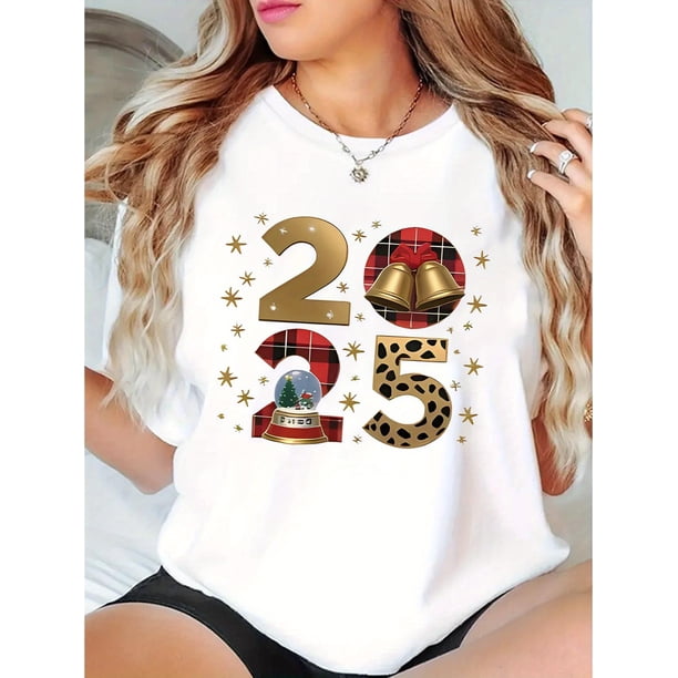 Camisetas con gráficos clásico para mujeres y adolescentes y niñas, playera de verano con estampado estéticoCreative Christmas Elements 2025 Pattern Print Women's Fashion Trendy Round Neck Short Sle