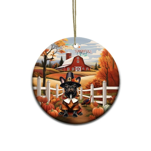 Thanksgiving French Bulldog Pilgrim Grateful, Thankful, Blessed Fall Welcome Ceramic Round Ornament Dog Lover Gifts Home Tree Decor - 00021