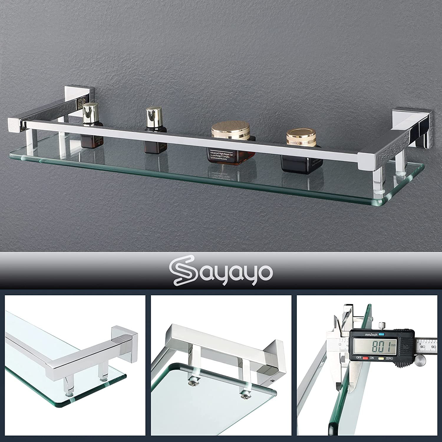 Sayayo Tempered Glass Shelf Square Bathroom Shelf with Rail Wall Mounted 20 