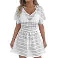 thumbnail image 2 of BLTIBY Women’s Crochet Coverups Dress Lace Hollow Drawstring Waist Loose V Neck Summer Beach Vacation Dresses White M, 2 of 5