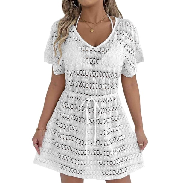 Vestido de Verano Casual de Moda de Resort de Mujeres Encaje Vestido de Playa con Cordón de Cintura Y Falda Atada con Arco Media Manga Cuello en V Vestido de Verano de las Mujeres