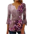 thumbnail image 3 of Dazajoo Womens Boho Blouses 3/4 Sleeve Vintage Floral Print Tunic Tops 2025 Summer Plus Size V Neck Flowy Henley Shirts,Hot Pink,XL, 3 of 6