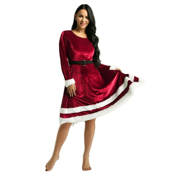 MSemis Women's Mrs Santa Claus Costume Plus Size Santa Velvet Long Sleeve Dress with Belts Red 5X-Large