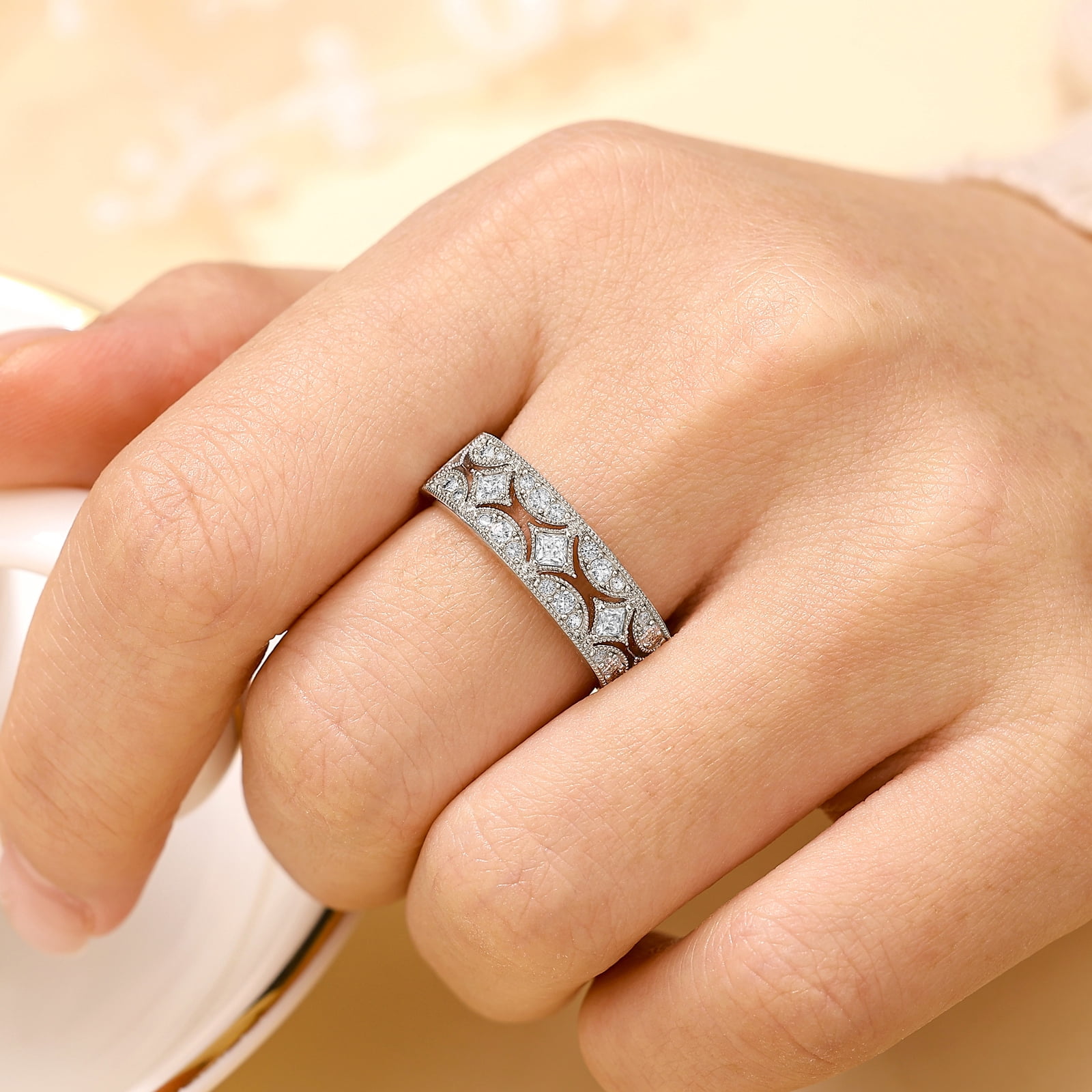 Newshe Jewellery Wide Moissanite Wedding Bands for Woman 925 Sterling Silver Eternity Rings Size 7