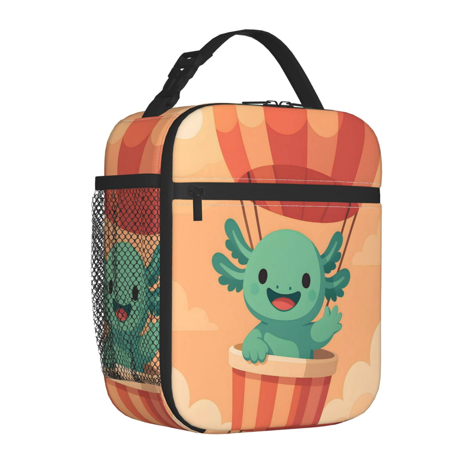 Lunch Bag For Women Men Insulated Portable Lunch Box Bento Box Office Picnic Travel Cooler Bag Axolotl Rides A Hot Air Balloon