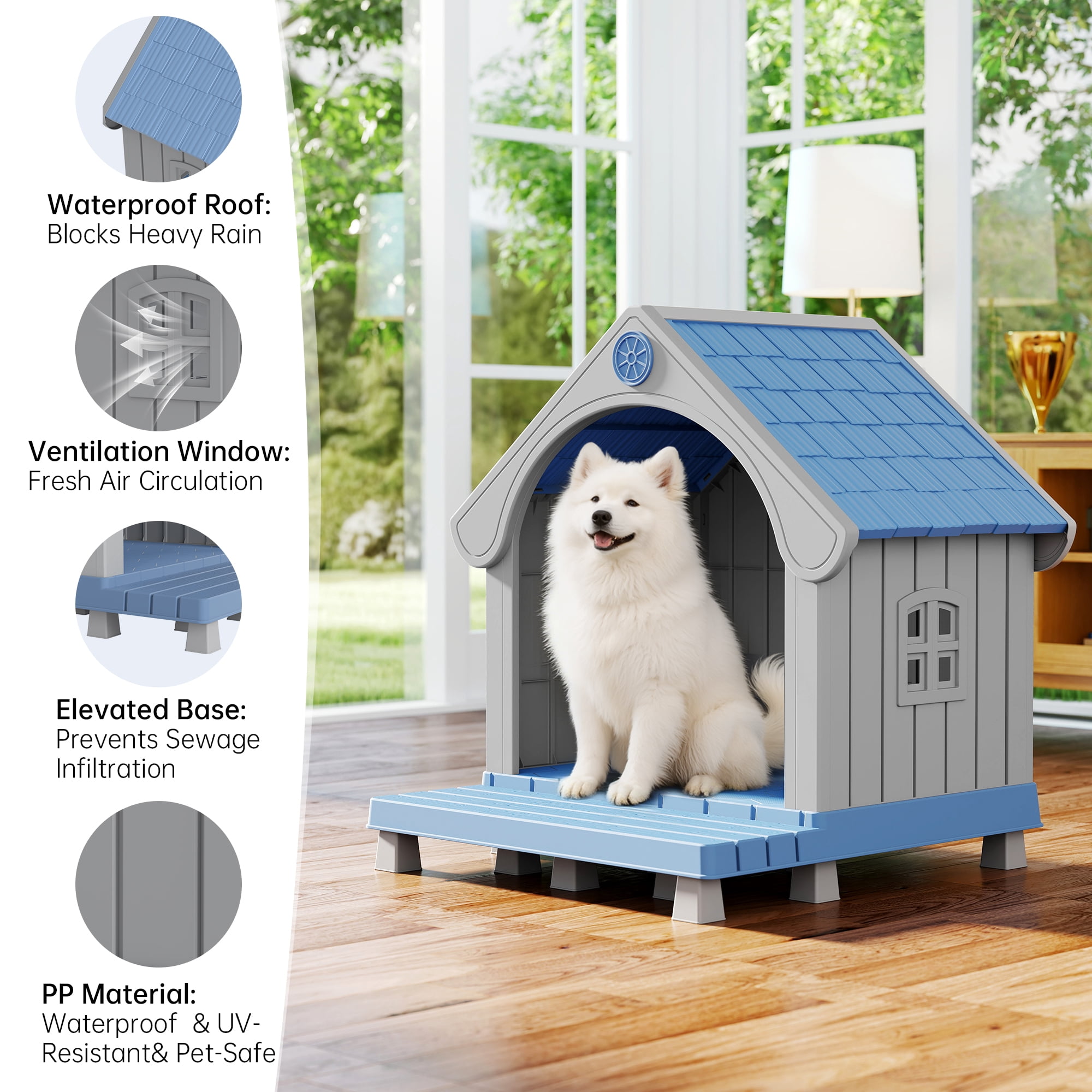 Nihsuao Durable Waterproof Dog House for Small to Medium Dogs, Indoor Outdoor Plastic Kennel with Porch, Sloping Roof & Elevated Floor, Easy Clean, Blue, 32.95"L x 31.5"W x 37.88"H