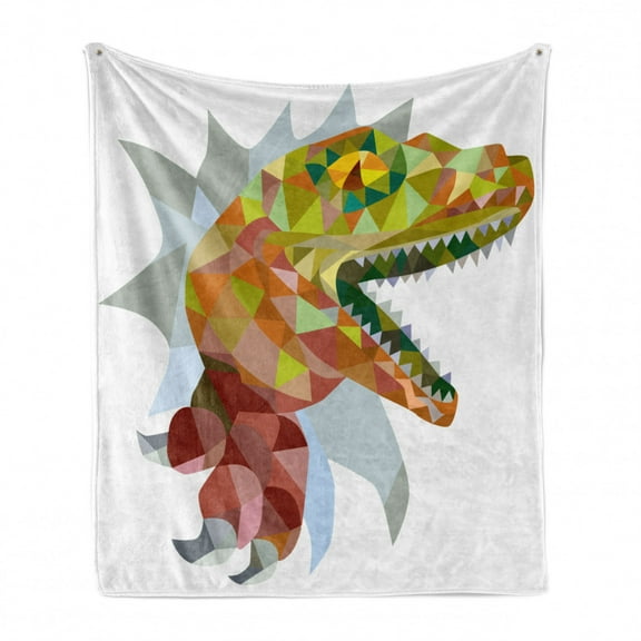 Reptile Soft Flannel Fleece Blanket, Colorful Mosaic Wild Trex Illustration Opens Mouth Jurassic Pixel Dinosaur Mascot, Cozy Plush for Indoor and Outdoor Use, 70" x 90", Multicolor, by Ambesonne