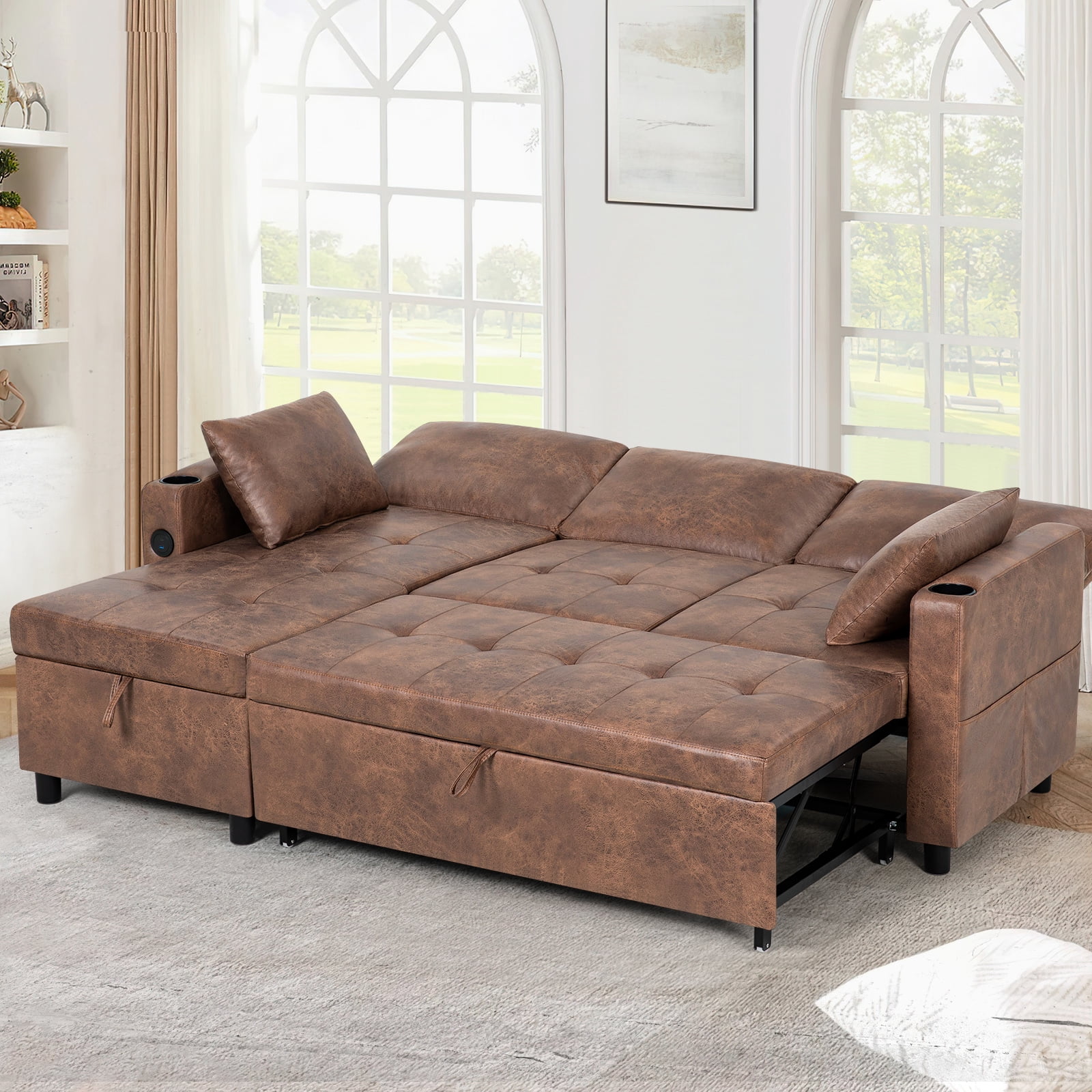 ACMEASE 84" Suede Leather Sectional Sofa w/Adjustable Backrests, Pull Out Sofa Bed w/USB Charger Port& Reversible Storage Chaise,Convertible L-Shaped Sofa with Cup Holders for Living Room,Brown