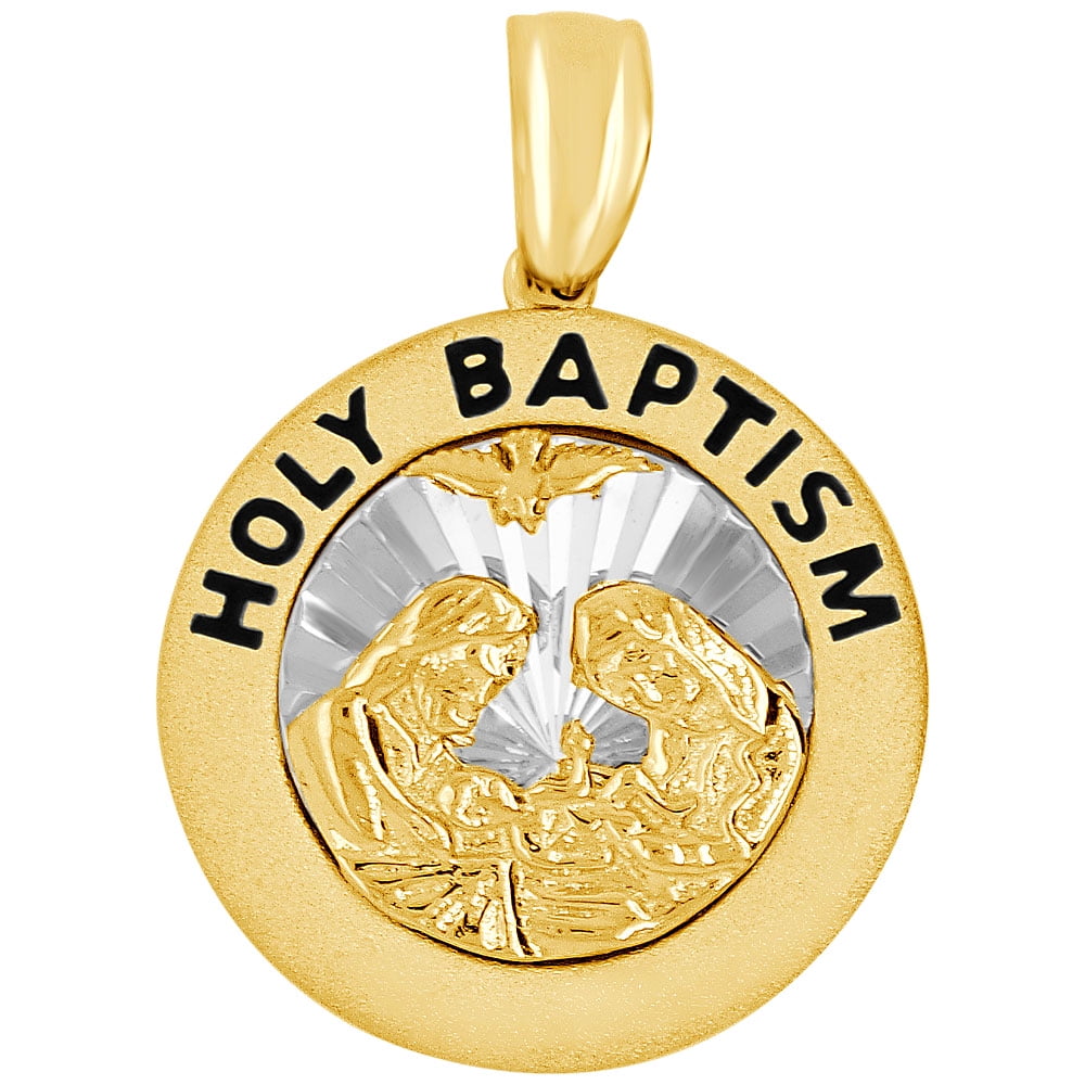 14k Yellow Gold, Holy Baptism Christening Religious Pendant Round 17mm