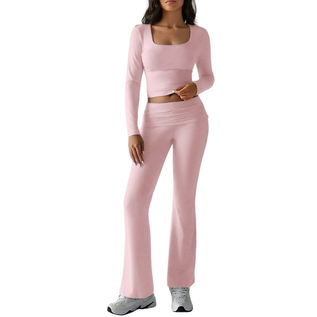 2 Piece Square Neck Lounge Set Womens Wide Leg Pants Slightly Crop Top Sweatsuit Sets Pink M