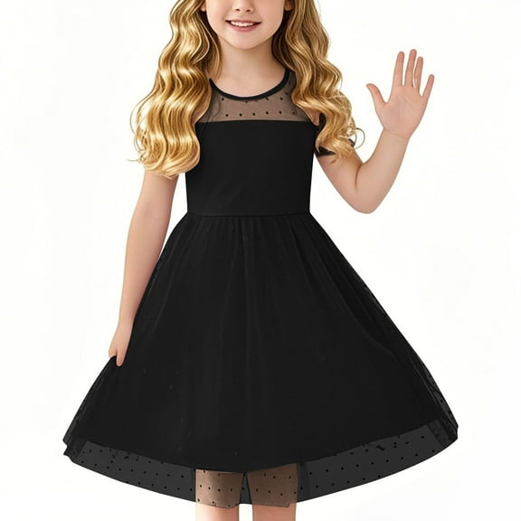 Efsteb Girls Dresses Contrast Mesh Patchwork Short Sleeve A Line Dress Casual Comfy Party Dress (Black,5 Years)