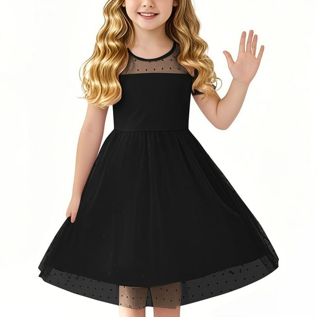 Zpanxa Chemises d'Été pour Filles Robe en Maille à Manches Courtes Enfants Taille Haute Ligne A Robe Décontractée pour Filles avec Polyester Spandex 7 Ans