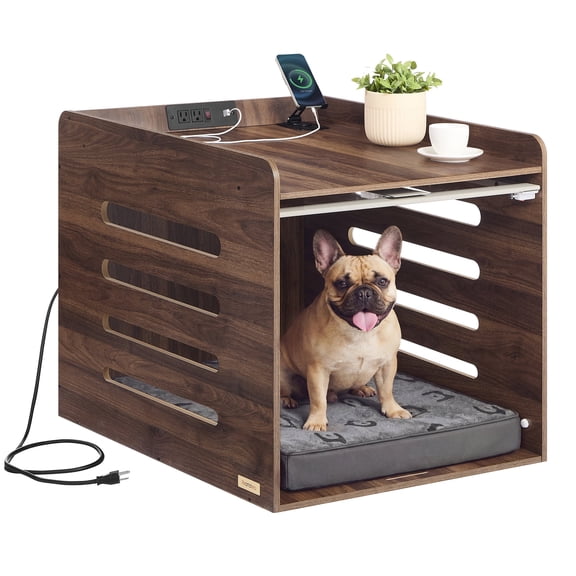 Feandrea Modern Dog Crate Furniture with Charging Station, Kennel Indoor with Flip-up Hidden Acrylic Door, for Small and Medium Dogs up to 45 lb, Side End Table, Natural Walnut