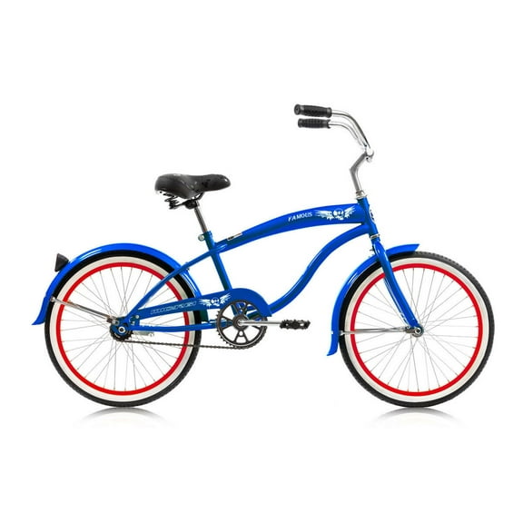 WonderWheels 20" Beach Cruiser steel Frame Blue,Coaster Brake, Alloy Rims Red 36H, Stainless Steel Spokes, One Piece Crank,Tire White wall, Seat & Grip Black, Fender Blue - Blue / Red