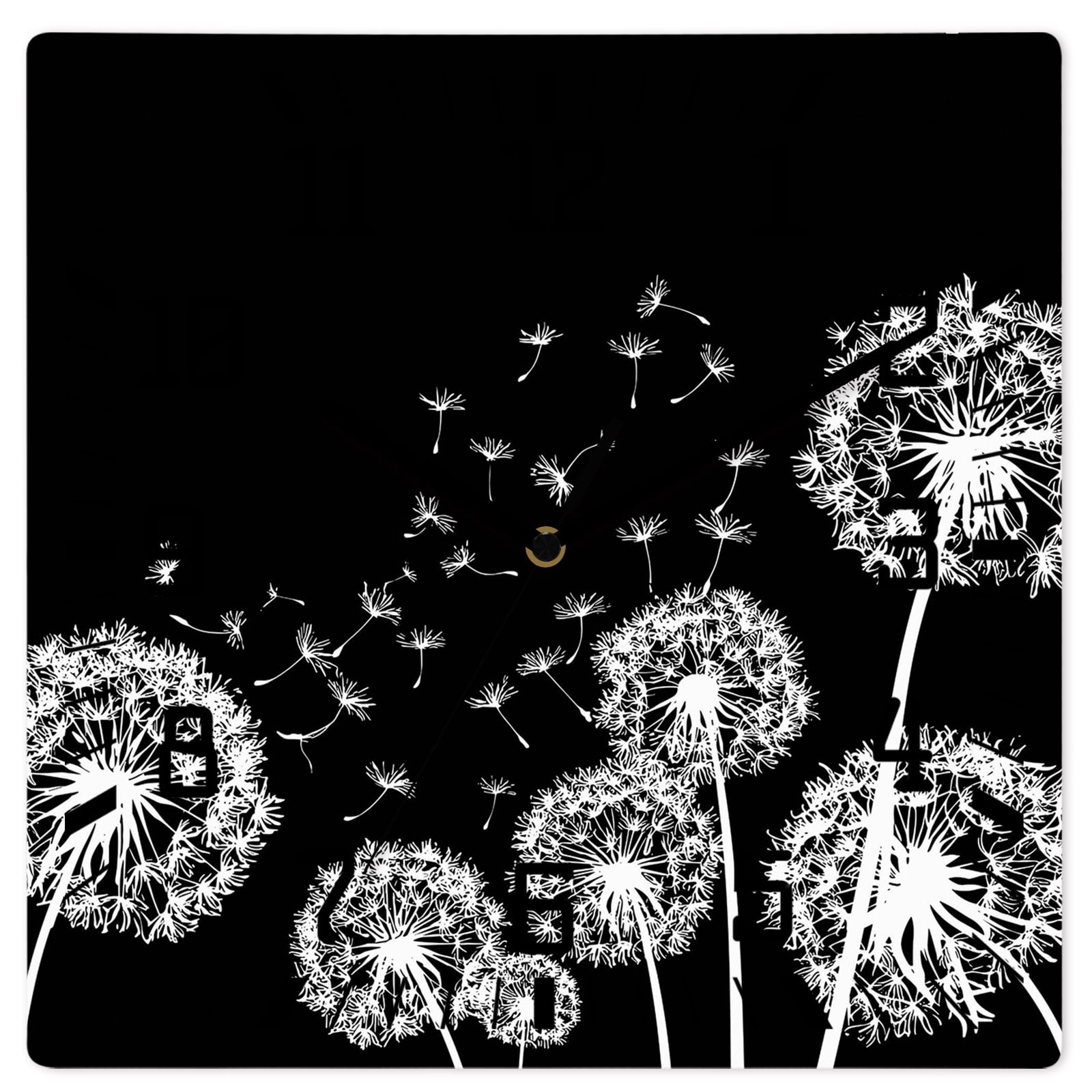 Wall Clock Dandelion Operated Square Clocks Wooden Silent Non-Ticking Wallclock 10 Inch Spring Flower Plants Black Wood Wall Clock for Living Room Bedroom Office Shool Home Decor