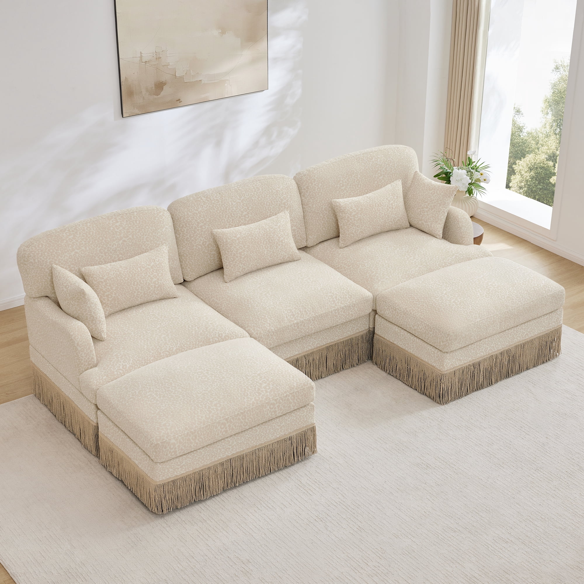 100" Chenille Leopard Tassel Deep Seat U Shape 3 Seater Modular Sofa Couch with 5 Throw Pillows and 2 Ottoman