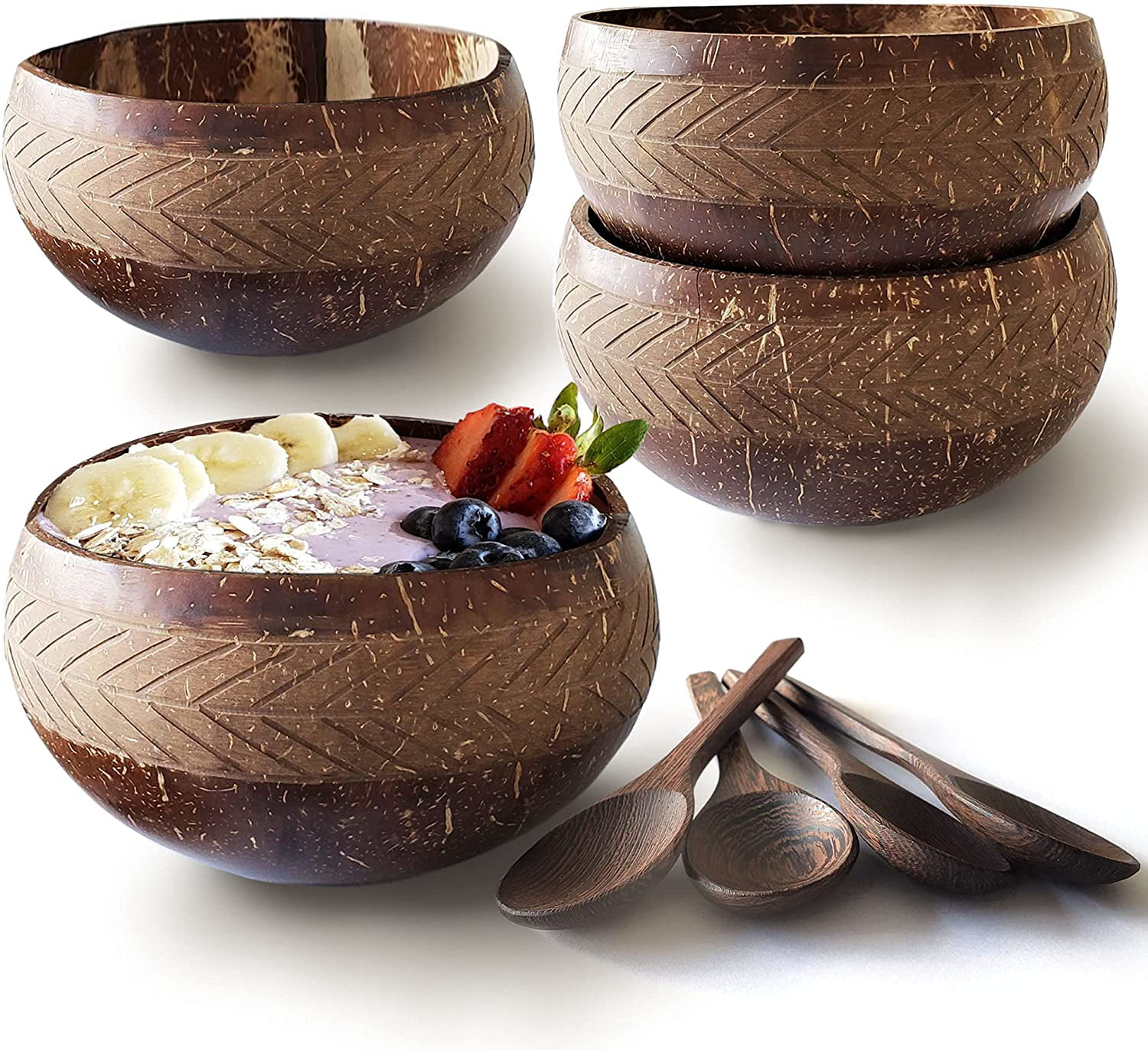 Hand-Carved Design Coconut Bowl Set of 4 NAYOMI Coconut Bowls with Spoons Unique Coconut bowls for smoothies Acai bowls Smoothie bowls and spoons Coconut smoothie bowls Buddha bowls