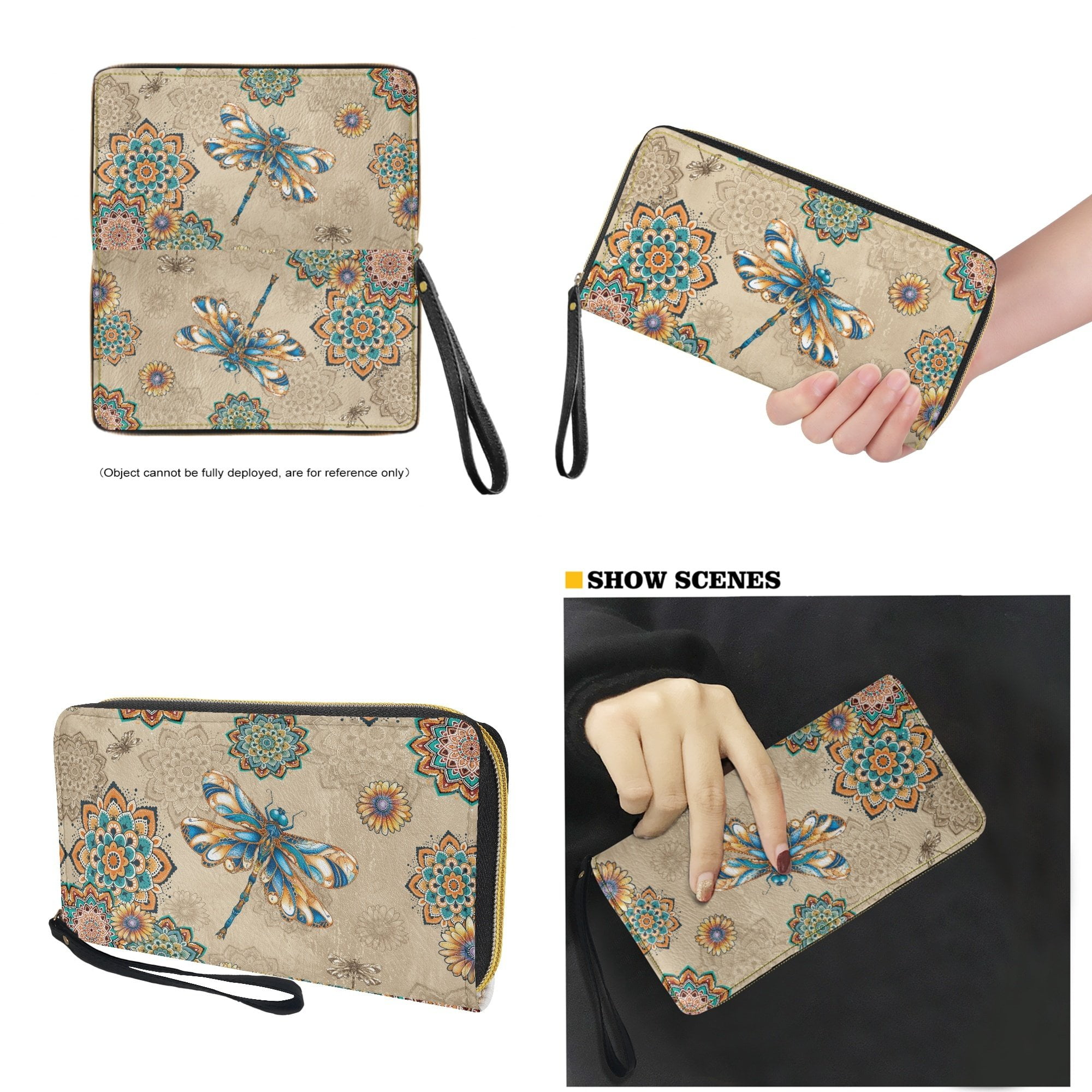 Kuiaobaty Dragonfly Print Satchel Purse for Women, Mandala Flowers Print Tote Handbag Purse with Zipper Closure, Roomy Leather Shoulder Bag for Travel, Beige
