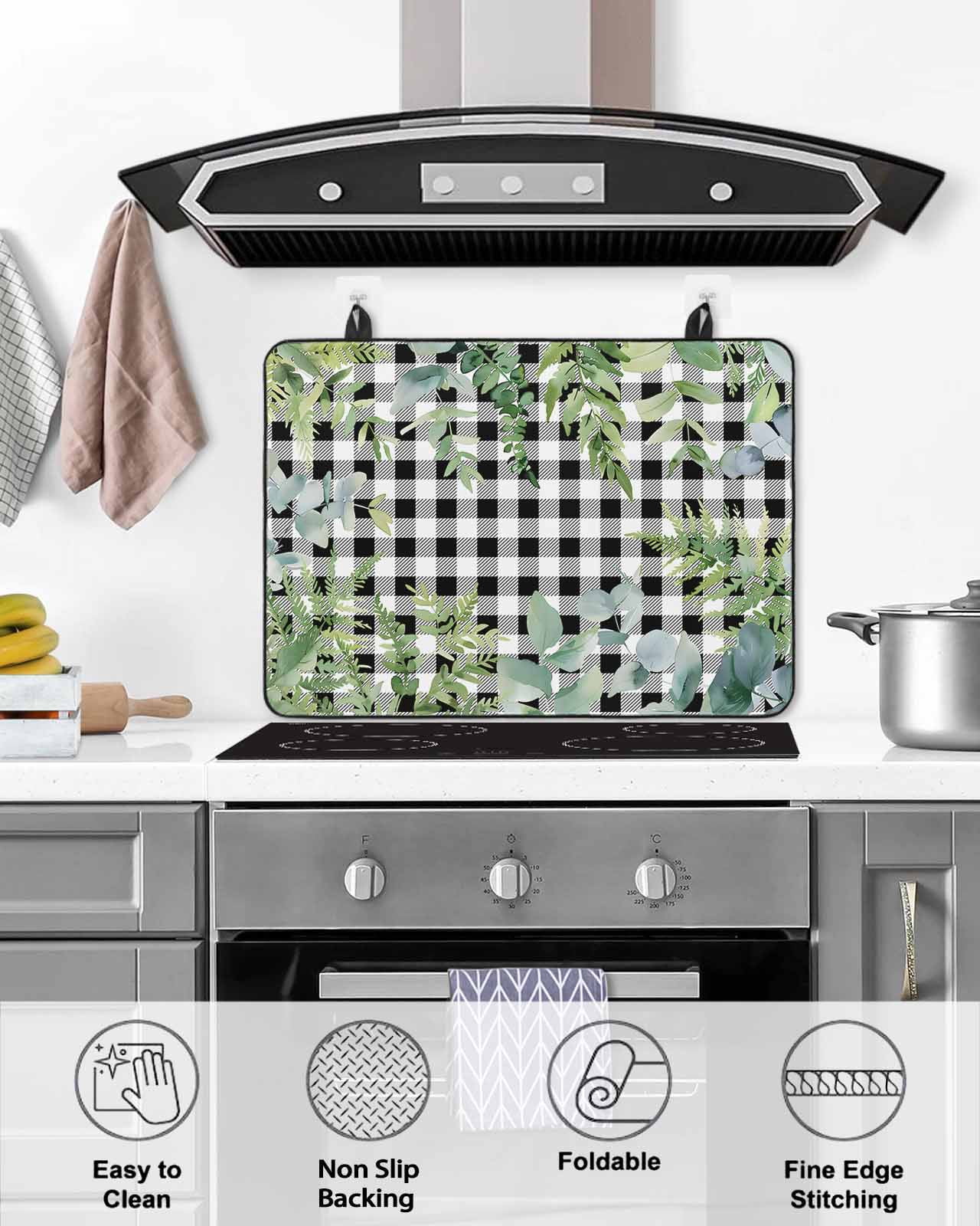 nqOlkjepod Large Induction Cooktop Protector Mat 24"x21", Eucalyptus Leaves Stove Top Covers for Electric Stove, Summer Botanical Black Checked Stove Burner Cover Mats, Glass Top Stove Cover
