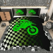 Manfei Green Dirt Bike Bedding Comforter Set for Boys, Modern Buffalo Checkered Flag Twin Comforter Sets, Motorcycle Sports Reversible Bedding Set, Breathable Home Decor, 2-Piece