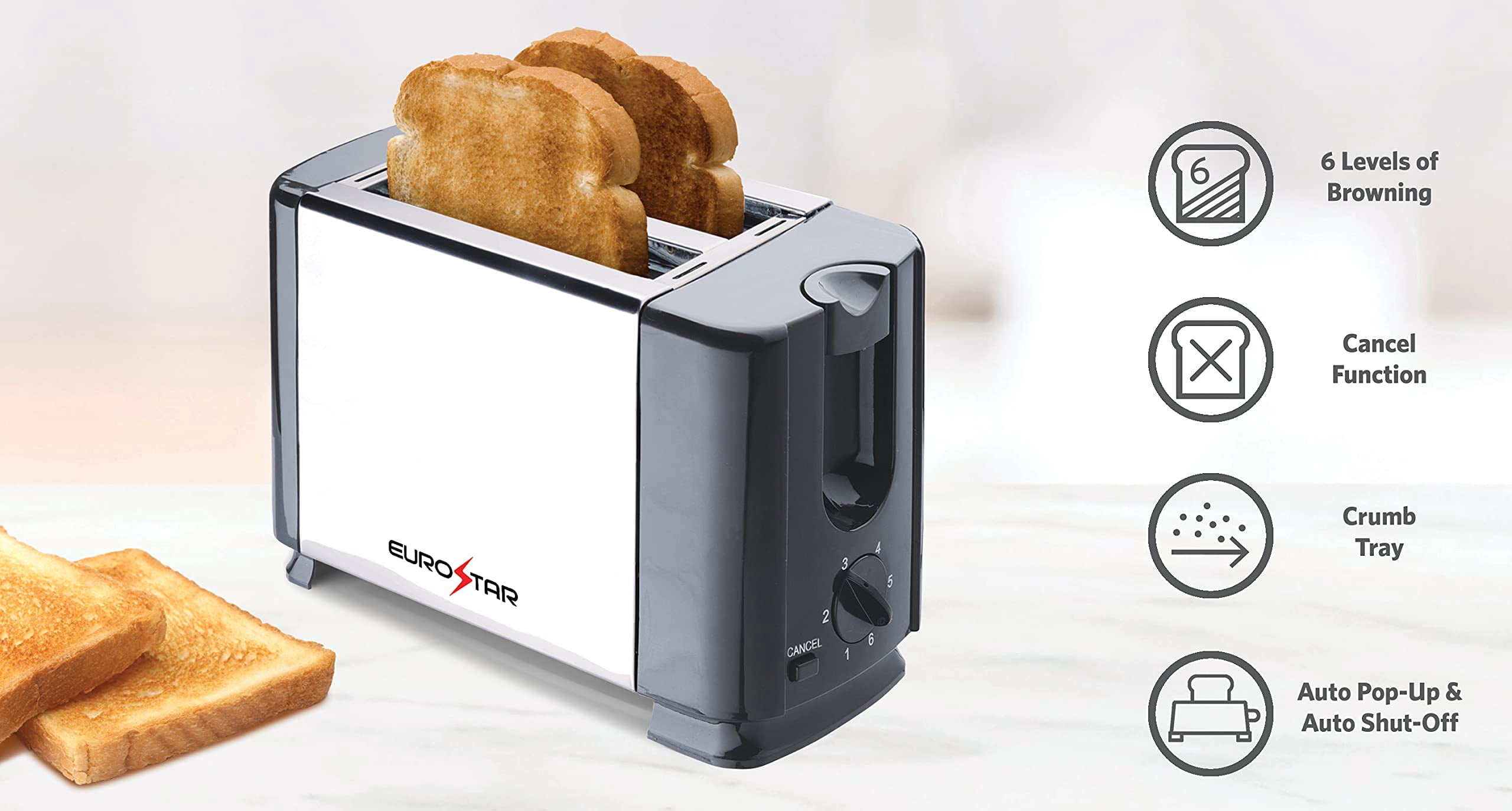 EUROSTAR ET720B 2-Slice Stainless Steel Toaster, Black