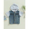 thumbnail image 2 of hirigin Kid Toddler Summer Coat, Denim Patchwork Short Sleeved Hooded Button Closure T-Shirt for Boys Girls, 2 of 8