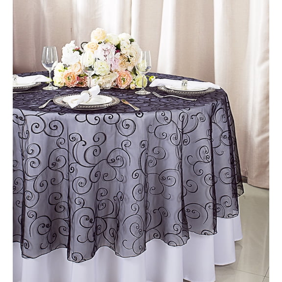 Wedding Linens Inc. 108" Round Seamless Embroidered Organza Table Overlay Tablecloth - Black