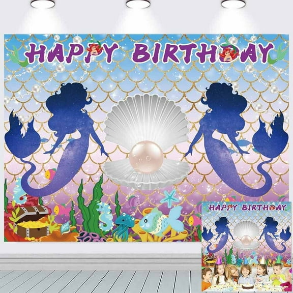 Mermaid Party Supplies Happy Birthday Backdrop Banner Poster Vinyl 5x3ft
