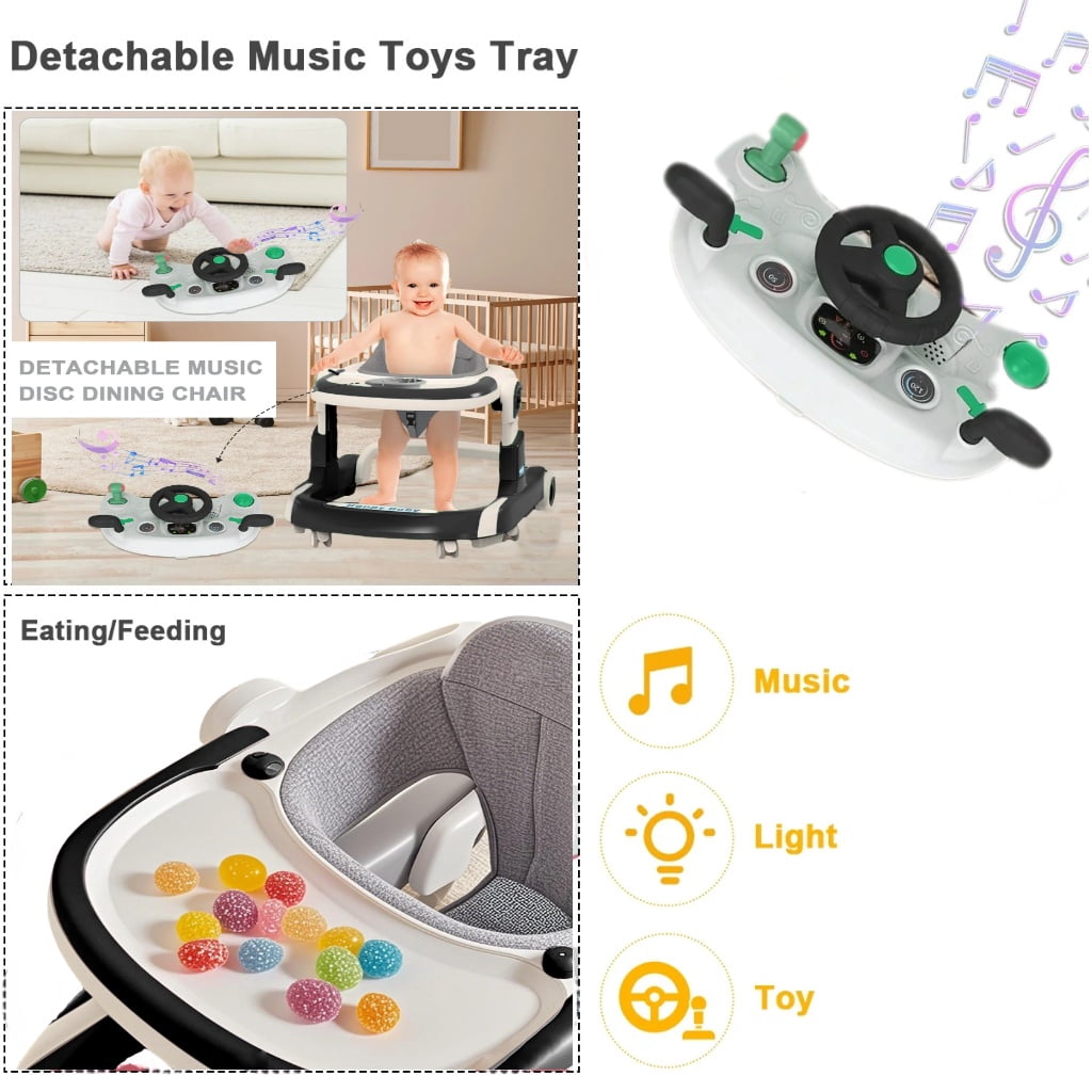 ManyFun 4-in-1 Musical Infant Baby Walker with Wheels functional, Height Adjustable, Foldable Design (Black)