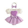 thumbnail image 2 of hengsof Infant Girls Dress Set with Headband 0-18 Months Solid Color Heart Bow Detail Bubble Sleeve Snap Crotch Dress Baby Shower Gift Outfit, 2 of 8