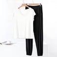 thumbnail image 2 of QQAMB Pjs For Women Casual Tracksuit Short Sleeve Tops And Wide Leg Long Pants Matching Lounge Sets 2 Piece Outfits Black M, 2 of 6