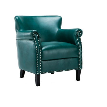 Comfort Pointe Holly Club Chair Teal Blue: Upholstered Faux Leather, Nailhead Trim, Wood Legs