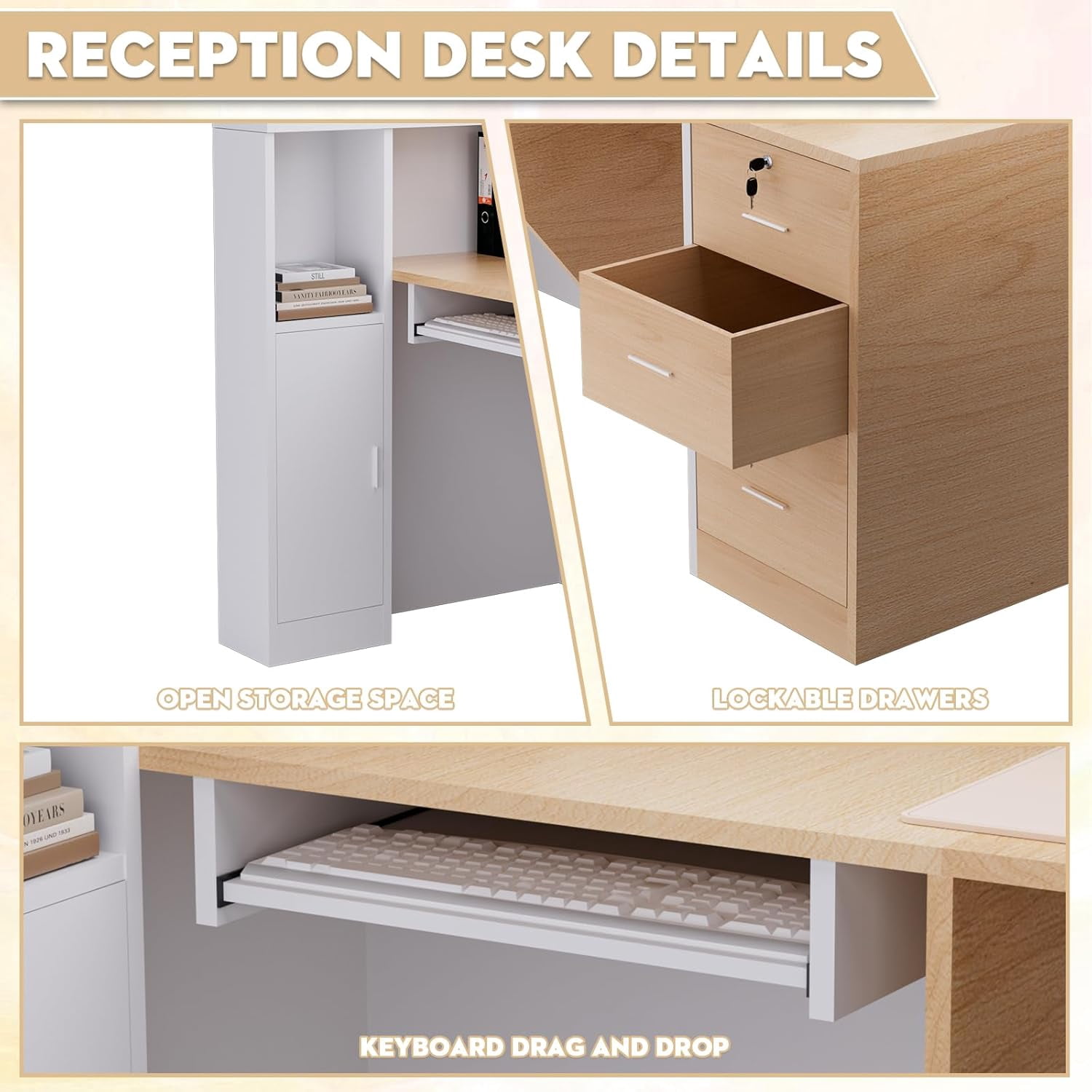 Esheno Modern Wooden L Shaped Reception Desk 71 inch Commercial Counter with Lockable Drawers and Cabinet Plain Wood Color Left Side Storage for Office Lobby School