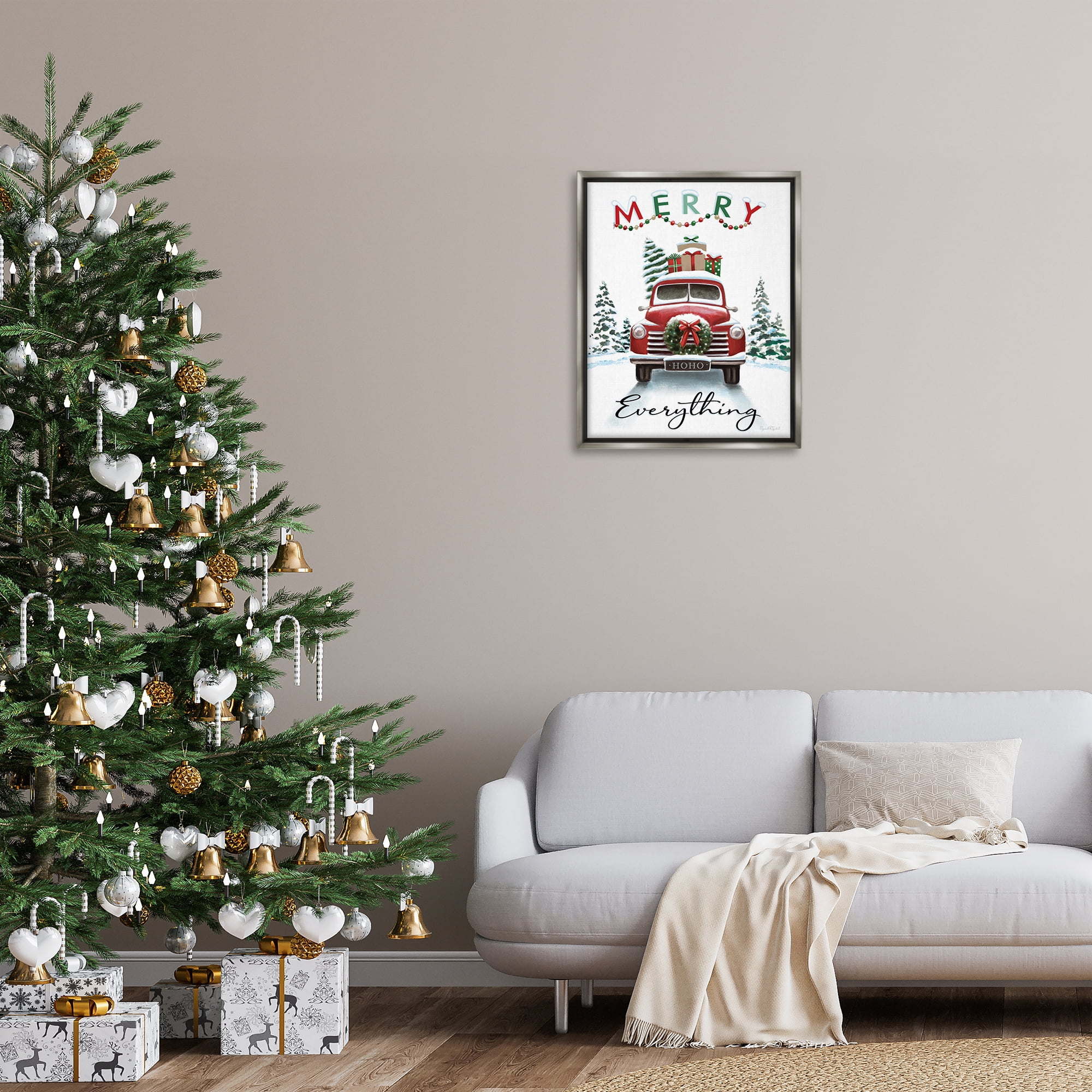 Stupell Industries Merry Everything Gift Car Holiday Painting Gray Floater Framed Canvas Art Prints Wall Art, 25 x 31