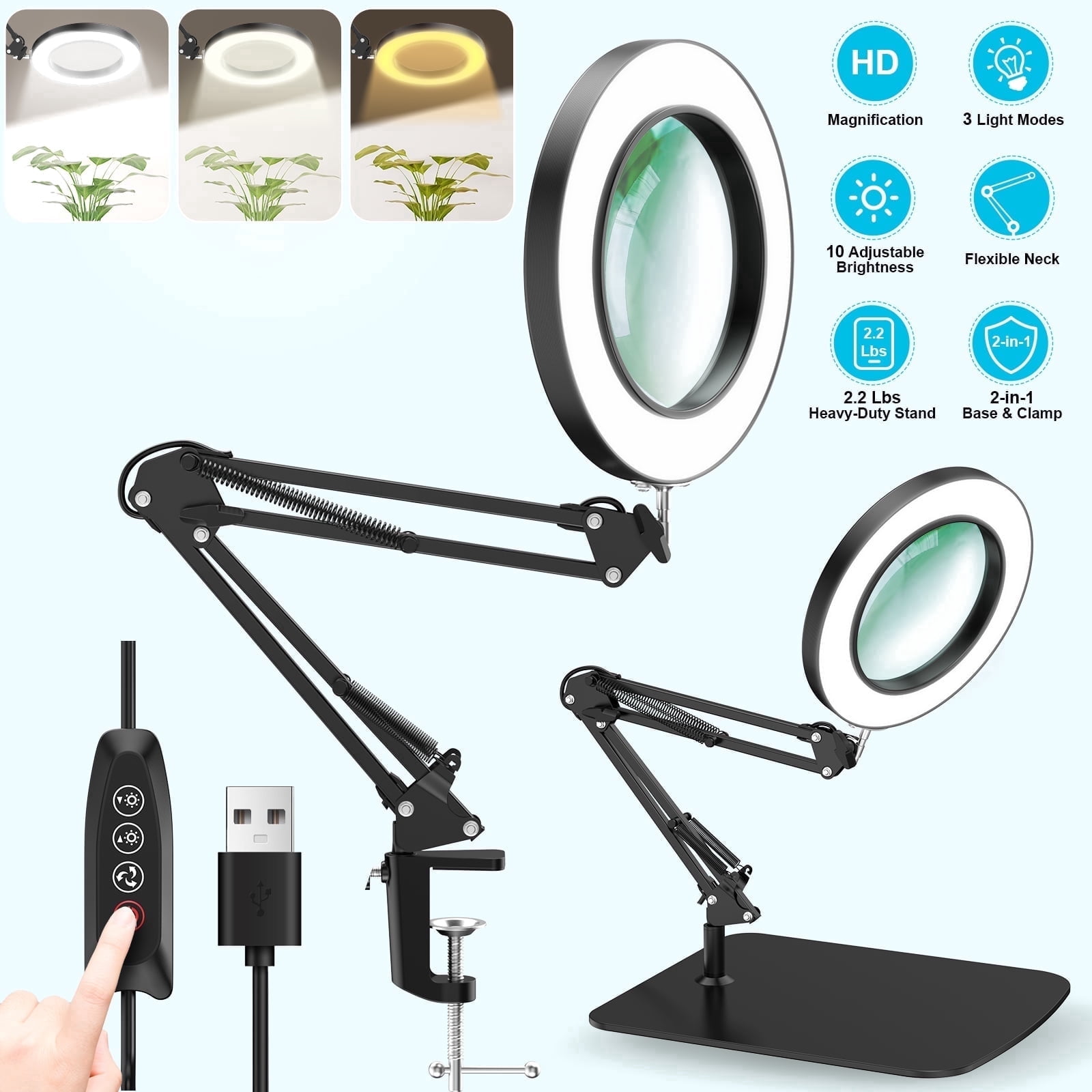 BEBANG Magnifying Glass with Light and Stand, 4.2″ Real Glass, 2 in 1 Hands Free Magnifying Lamp, Dimmable 3 Color Modes, Lighted Magnifier for Sewing Crafts Close Work