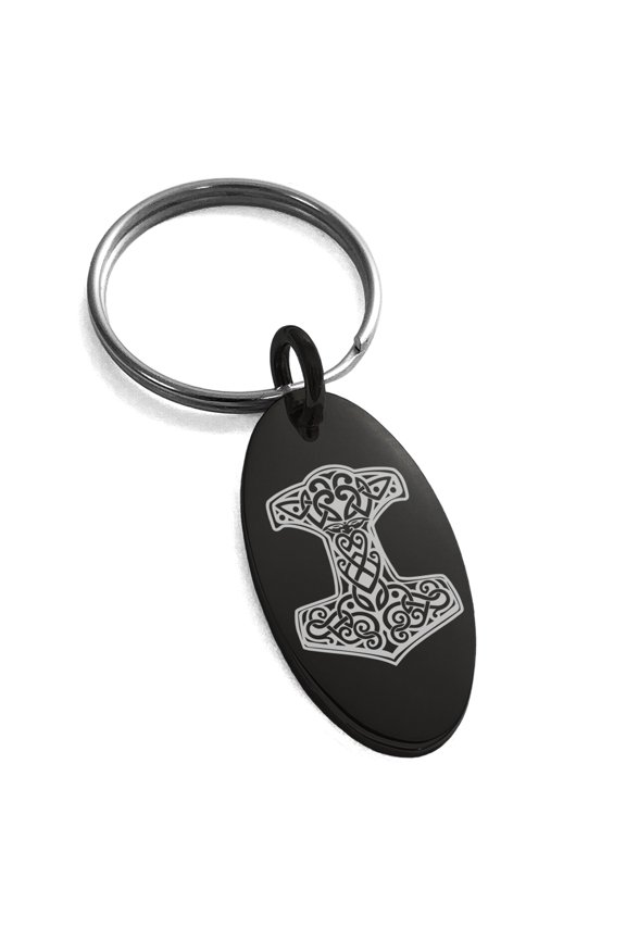 Stainless Steel Thor's Hammer Mjolnir Knot Viking Norse Engraved Small Oval Charm Keychain Keyring