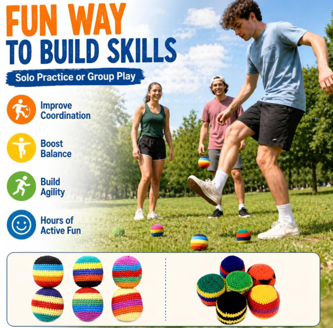 42-Panel Hacky Ball, Soft Durable Handmade Footbag, Purified Sand Filled Kick Sack for KidTeens Adults, Indoor Outdoor Footbag Game Relief Fidget Tool, Mid-Weight,12PCS