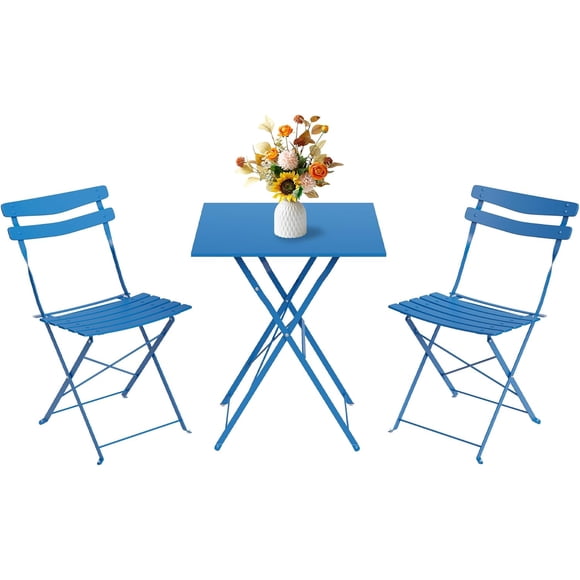 3Pcs Patio Bistro Set, Folding Patio Bistro Table and Chairs Set of 2, Outdoor Patio Furniture Set, Metal Structure, No Assembly Need, for Balcony Yard Garden, Blue