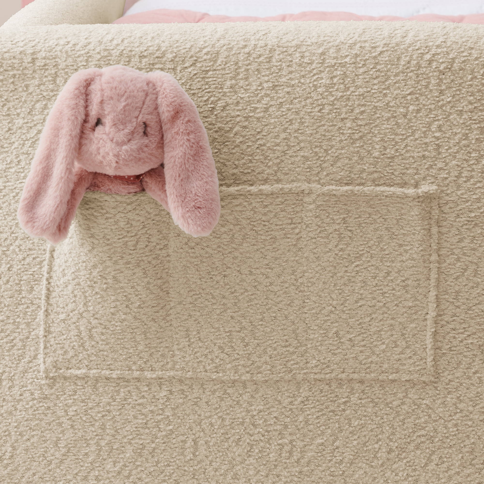 T-Joy Cute Kids Bed with Rail and Pocket, Boucle Wooden Platform Bed with Rabbit Ear, Twin Size, Camel
