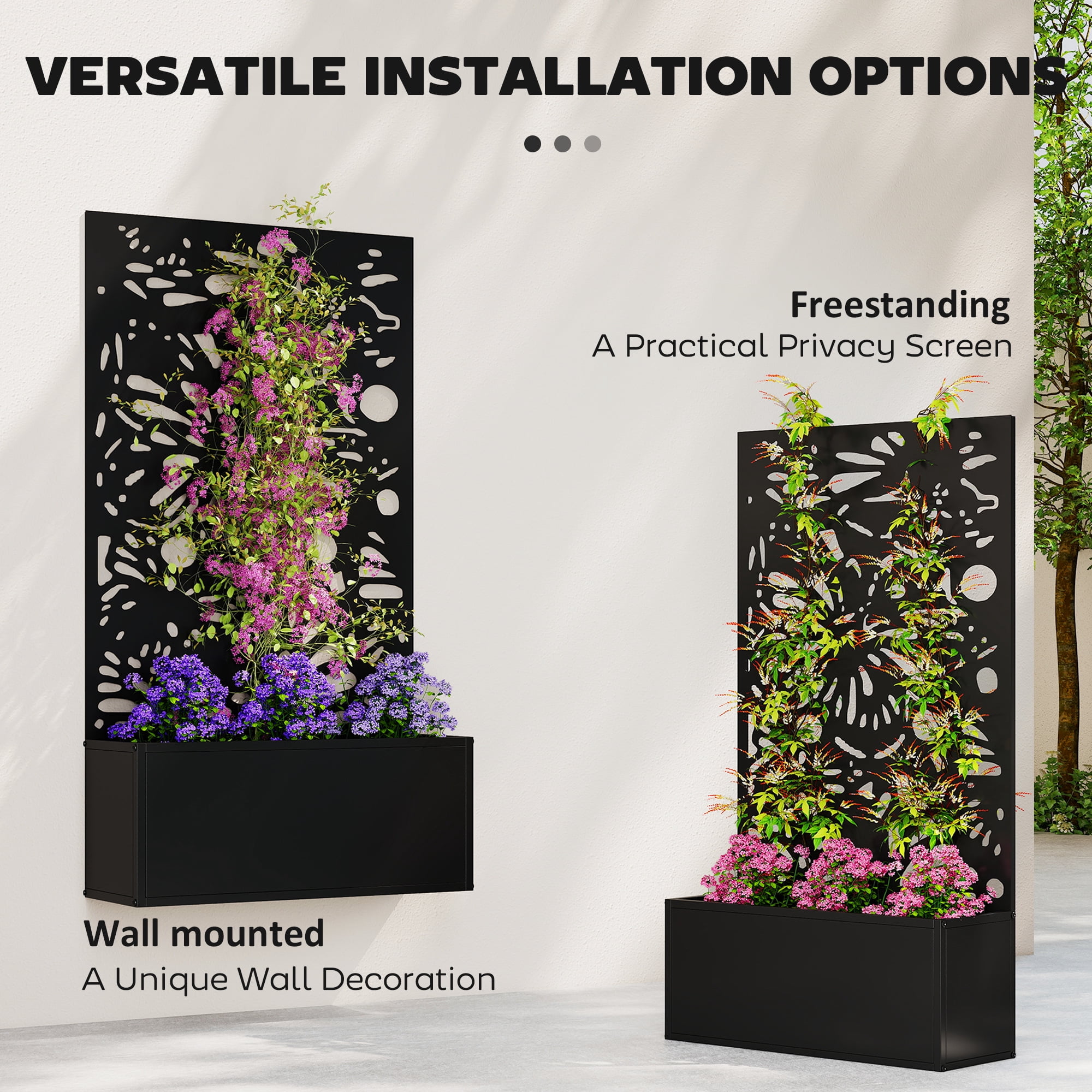 Outsunny Metal Raised Garden Bed with Trellis, Freestanding or Wall Mounted Raised Flower Bed with Privacy Panel for Garden, Patio, Balcony