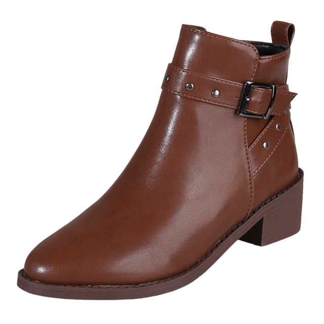 Zapatos Botines para mujer Botas laterales con cremallera y decoración con tachuelas de hebilla para mujer botines de tacón grueso con punta en Retro botas zapatos de mujer botines (Brown 8)