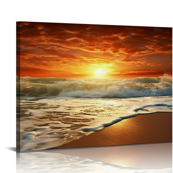JRXY S04662 Canvas Prints Wall Art Sunset Ocean Beach Pictures Photo Paintings for Living Room Bedroom Home Decorations Stretched and Framed Ready to Hang Seascape Waves Artwork 24x48inch 20x16in