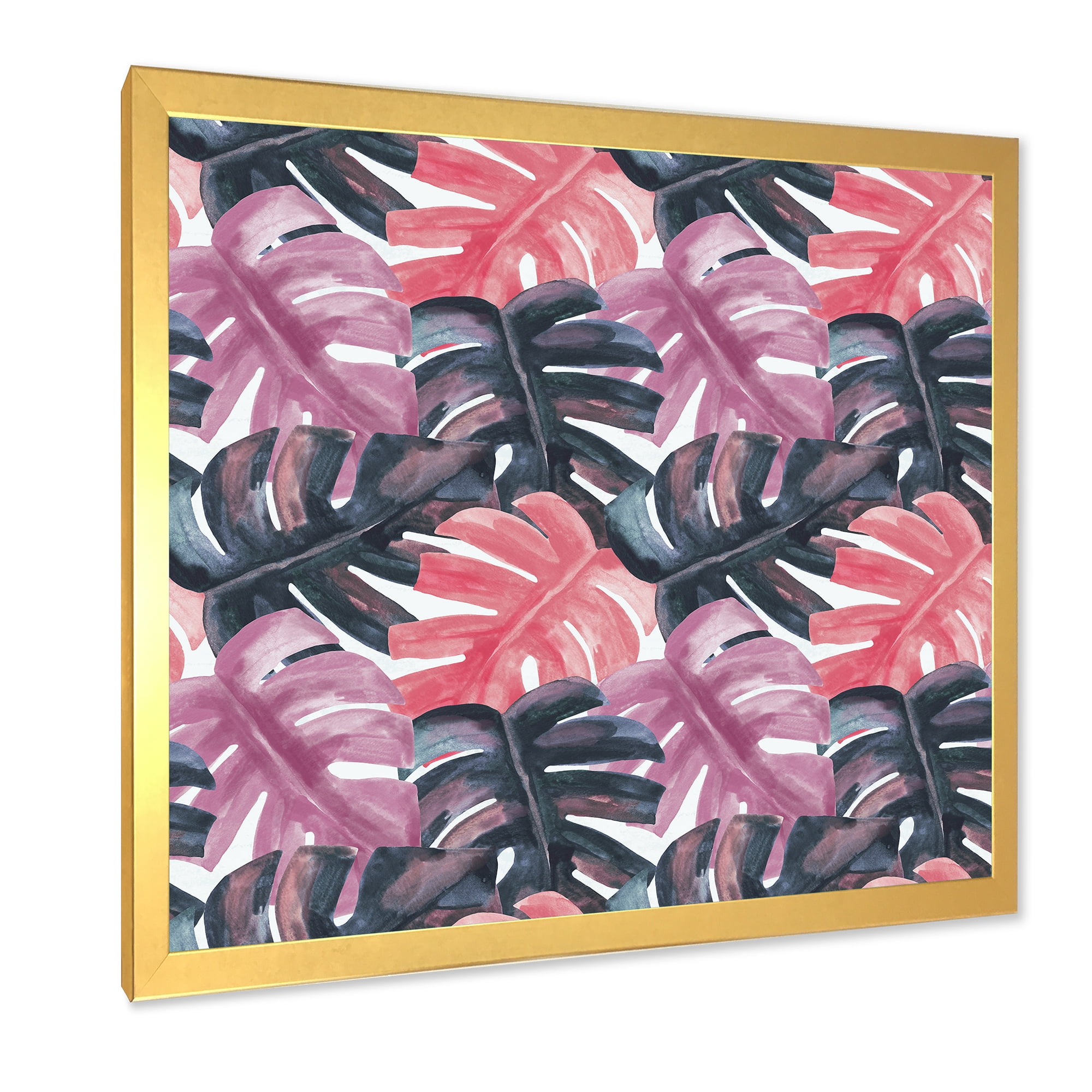 Designart 'Black and Red Monstera On Rough Brush Strokes II' Tropical Framed Art Print