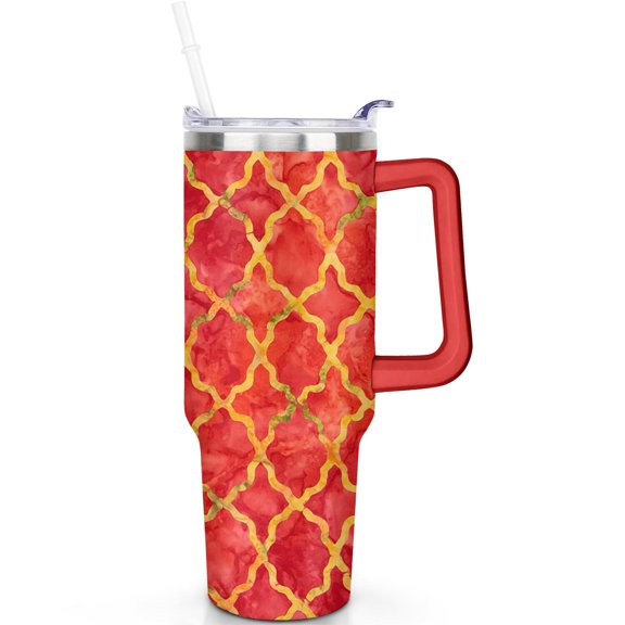 Double Wall Insulated 40oz Plaid Print Tumbler with Handle, Leak Proof Straw Lid, Stainless Steel Travel Mug for Gifts