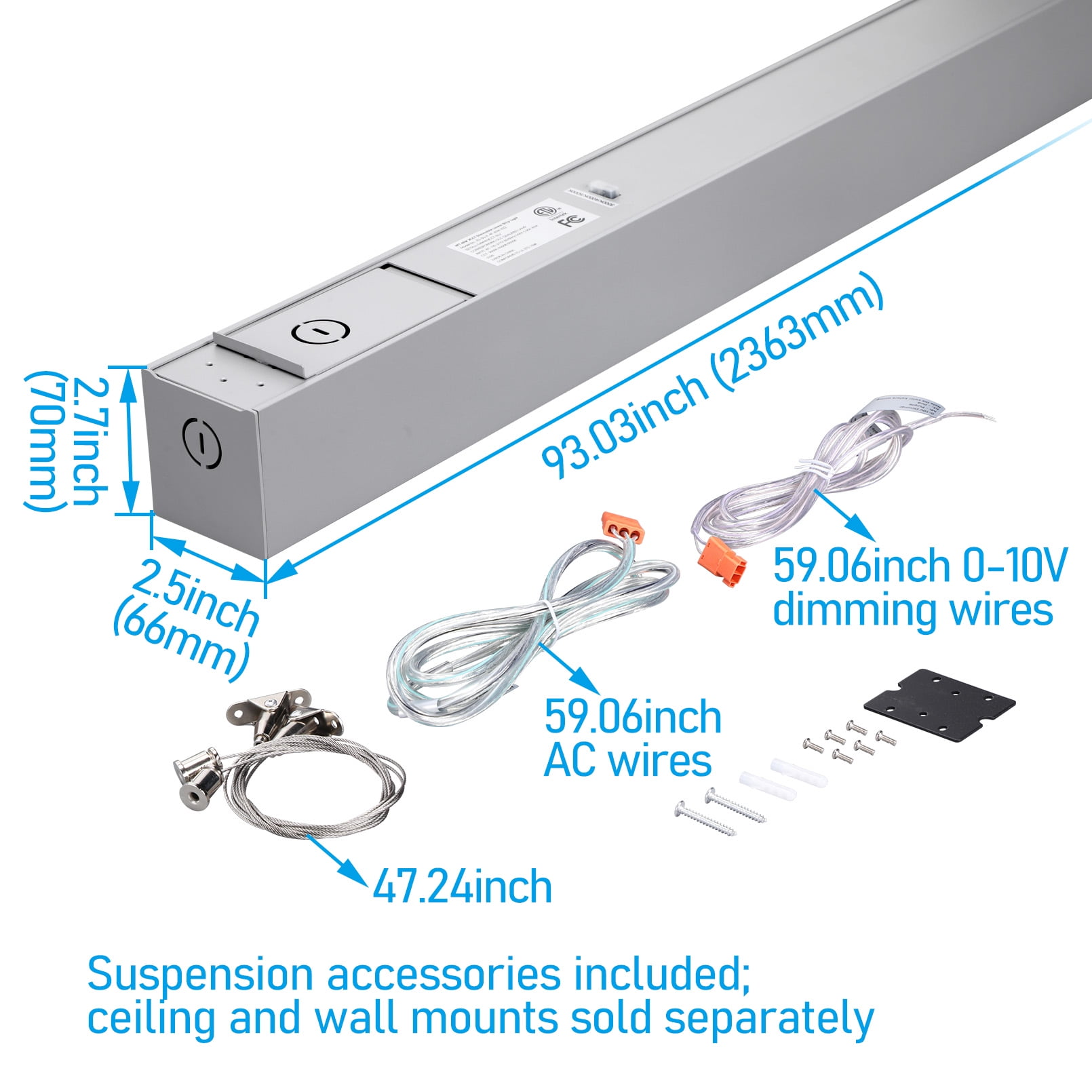 4 Pack 8FT 80W 3CCT Dimmable Commercial Linkable Linear Light, 3000K/4000K/5000K Selectable, Suspended Strip Light, Sliver