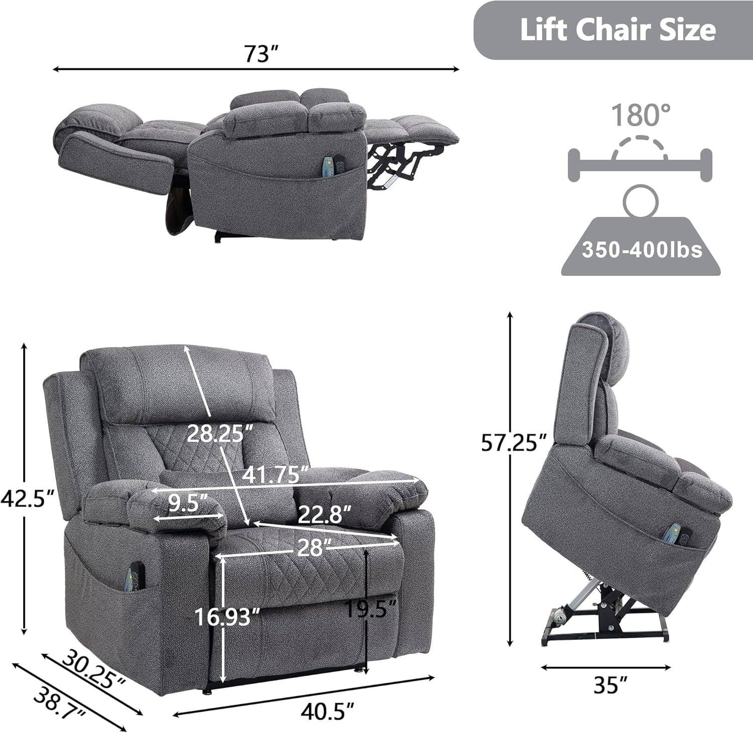 REHOUSING Adult Velvet Living Room Lift and Heat Vibration Recliners with Armrests and Cup Holders, Gray